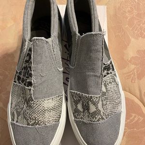 Blowfish Malibu slip-ons. Gray/white/black patchwork animal print canvas. New.